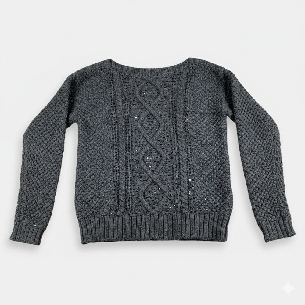 Gap Kids Girls Gray Cable Knit Sequin Sweater Size Medium 8 Cotton Wool Blend